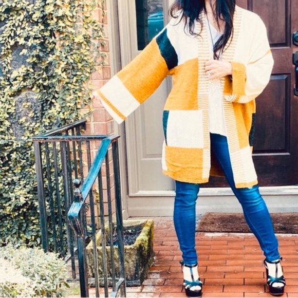Boho Mustard Color block NEW Open Front Cardigan - Picture 8 of 8